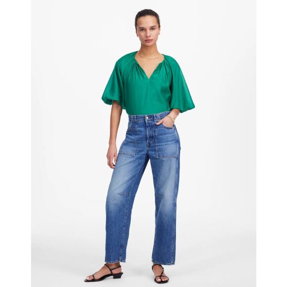 Madewell Bubble Sleeve Top Sz 8 Verdant Green Cotton Silk Split V-Neck Pullover - Picture 3 of 8